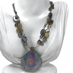 Erico Lyons  Abalone Shell Necklace Brown‎ Gray Glass Beads Corded Statement